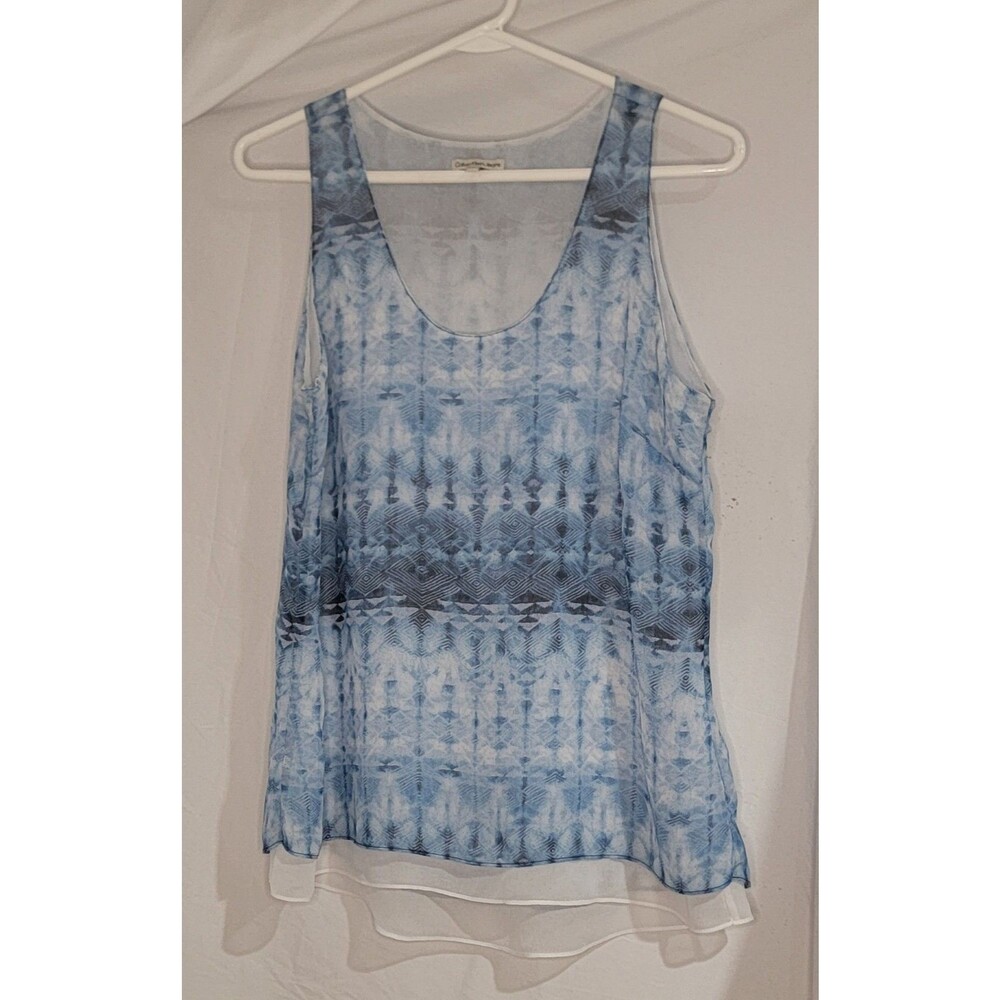 Calvin Klein Womens Med Shirt Blue Print Sleeveless Scoop Neck Sheer Bottom Hem